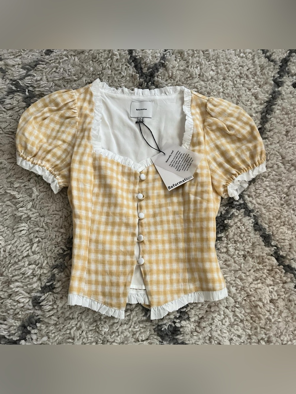 Reformation Linen Yellow Gingham Puff-Sleeve Button Front Top - Picture 1 of 3